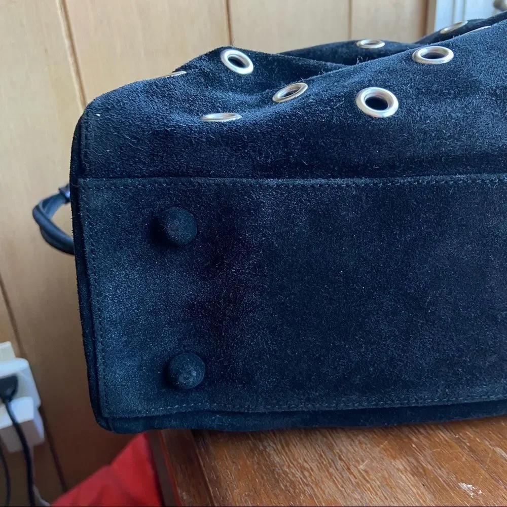 VTG 90s Jane August Luxury Black Suede Silver Grommet Eyelet Hobo Bag Purse